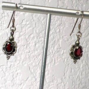 Vtg Sterling Silver 925 Garnet Dangle Earrings Faceted Red Gemstones Tested Boho